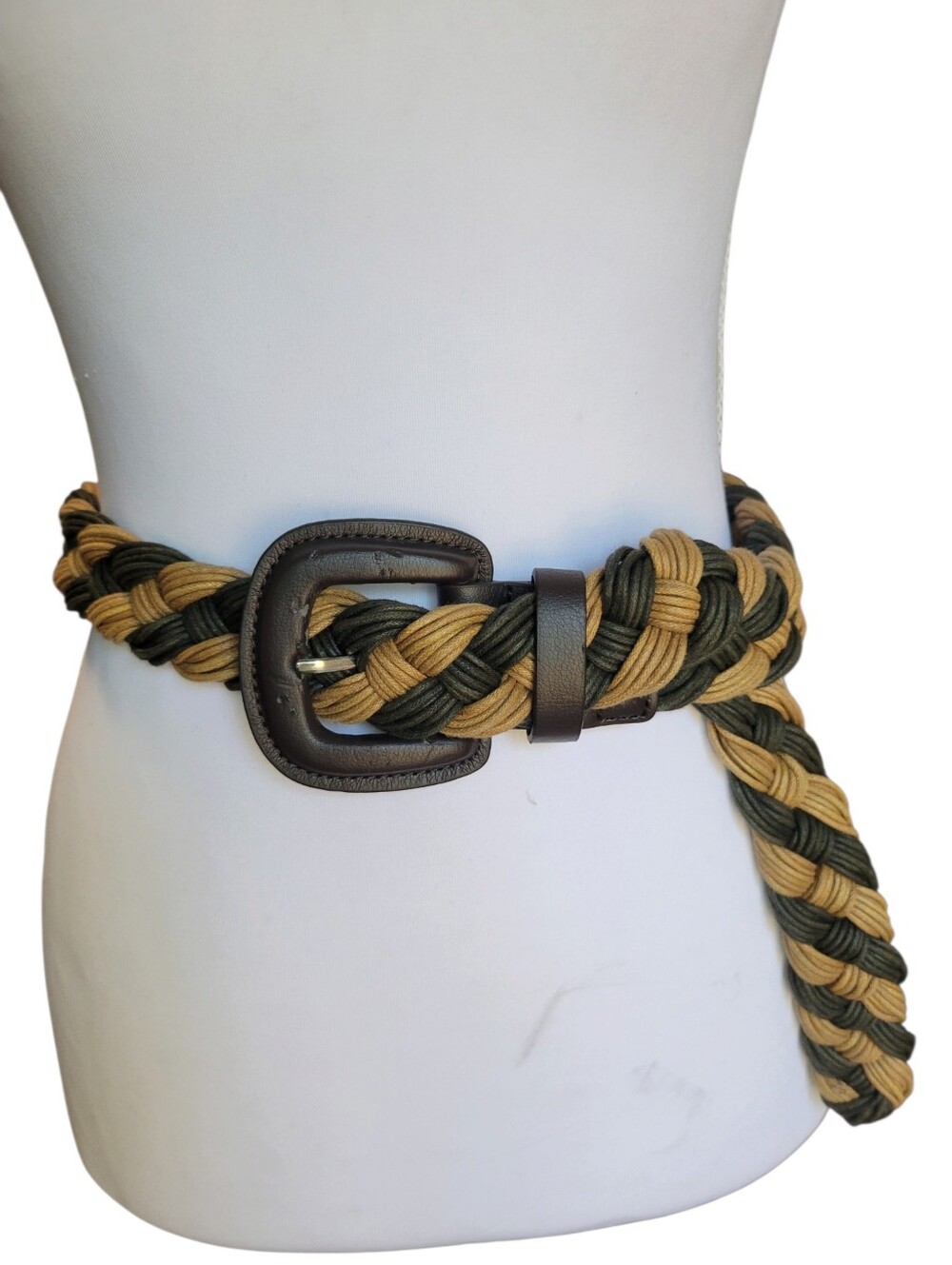 Nine West Chunky Braided Woven Belt Brown Tan Olive Green Casual Boho